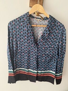 Maje Geometric Printed Button-Up Blouse in Navy & Blue with Pink Accents(2)